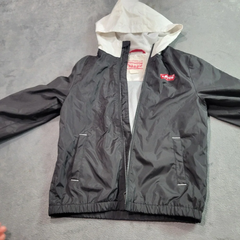 Levi's Windbreaker Jacket Kids Small 10 Black White Colorblock Hooded Logo Sport